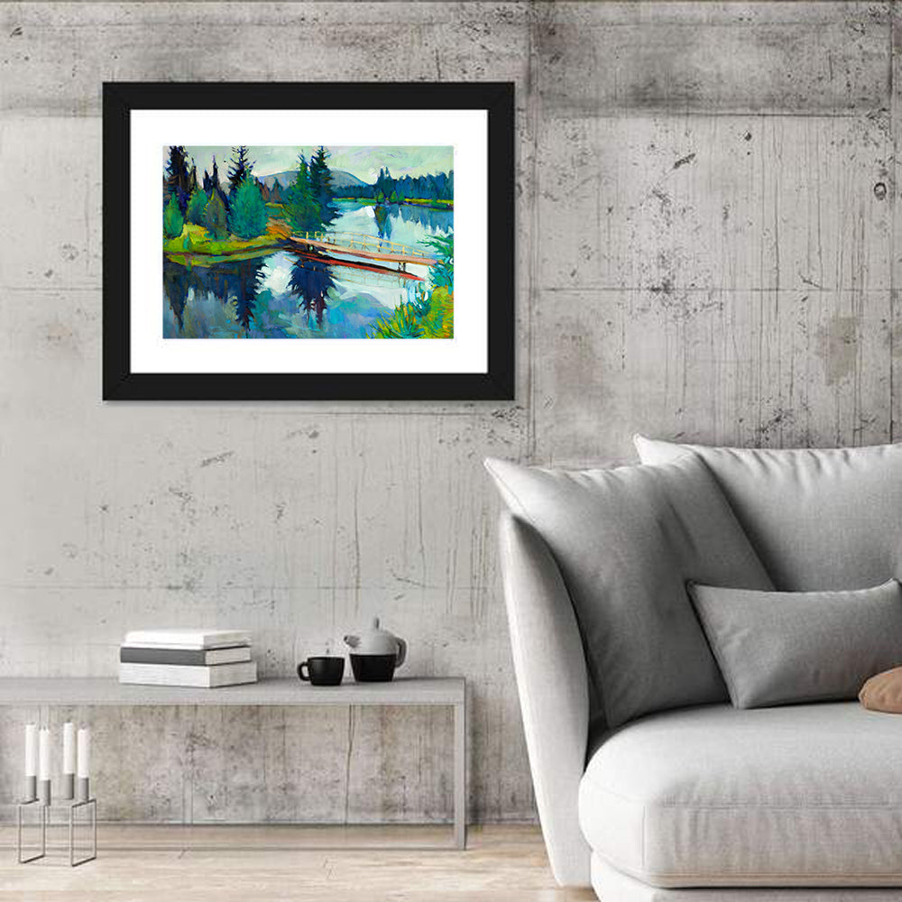 Forest Bridge Reflection Illustration Wall Art