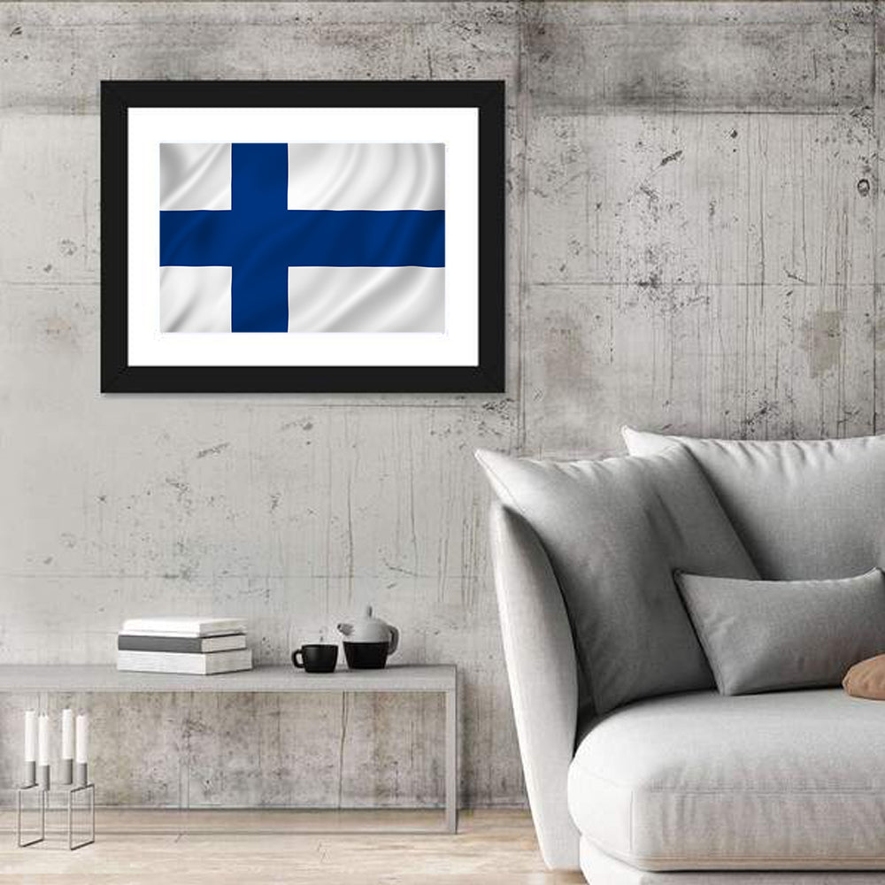 Finnish Flag with Rippling Texture Wall Art in a room, landscape