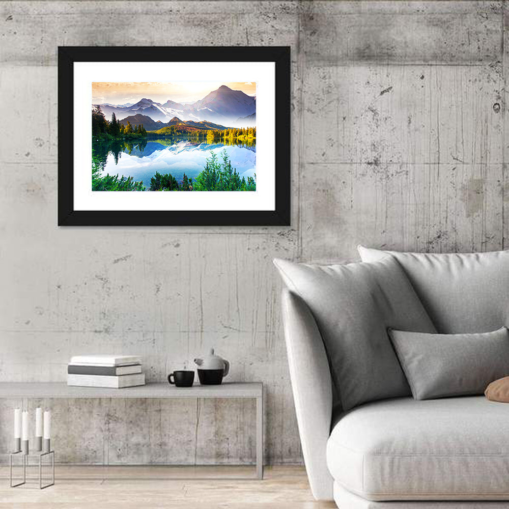 Sunlit Mountain Lake Reflection Wall Art in a room, landscape
