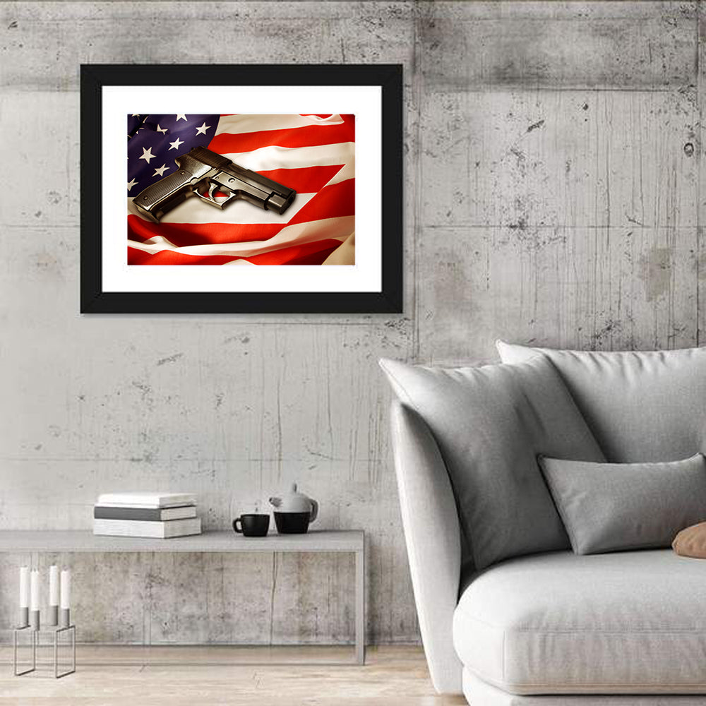 Pistol on Folded American Flag Wall Art in a room, landscape