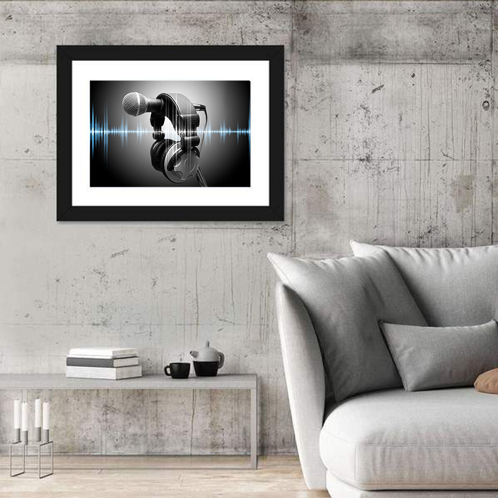 Headphones on Microphone with Sound Waves Wall Art in a room, landscape