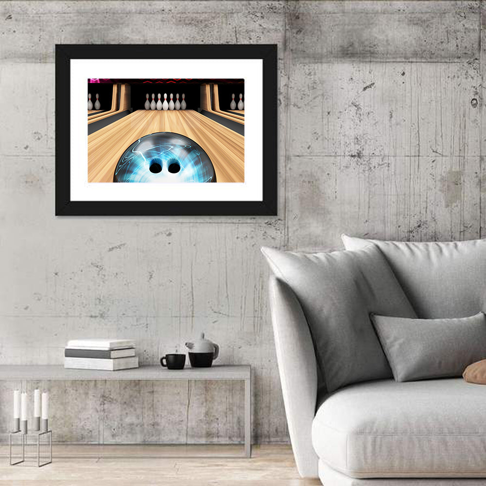 Glowing Blue Bowling Ball on Wooden Lane Wall Art