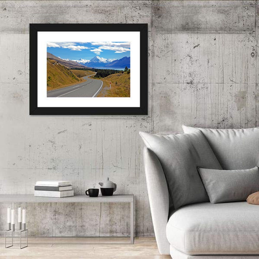 Winding Road to Aoraki Mount Cook Wall Art in a room, landscape