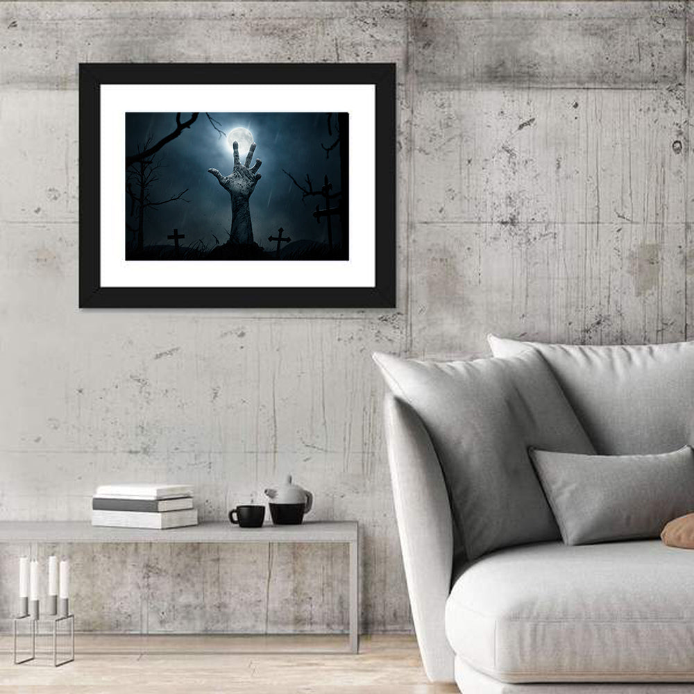 Rising Zombie Hand Under Moonlight Wall Art in a room, landscape