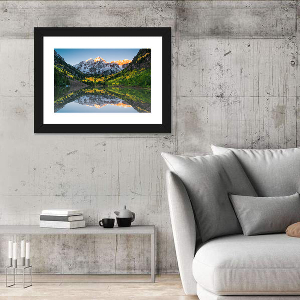 Maroon Bells Sunrise Reflection Wall Art in a room, landscape