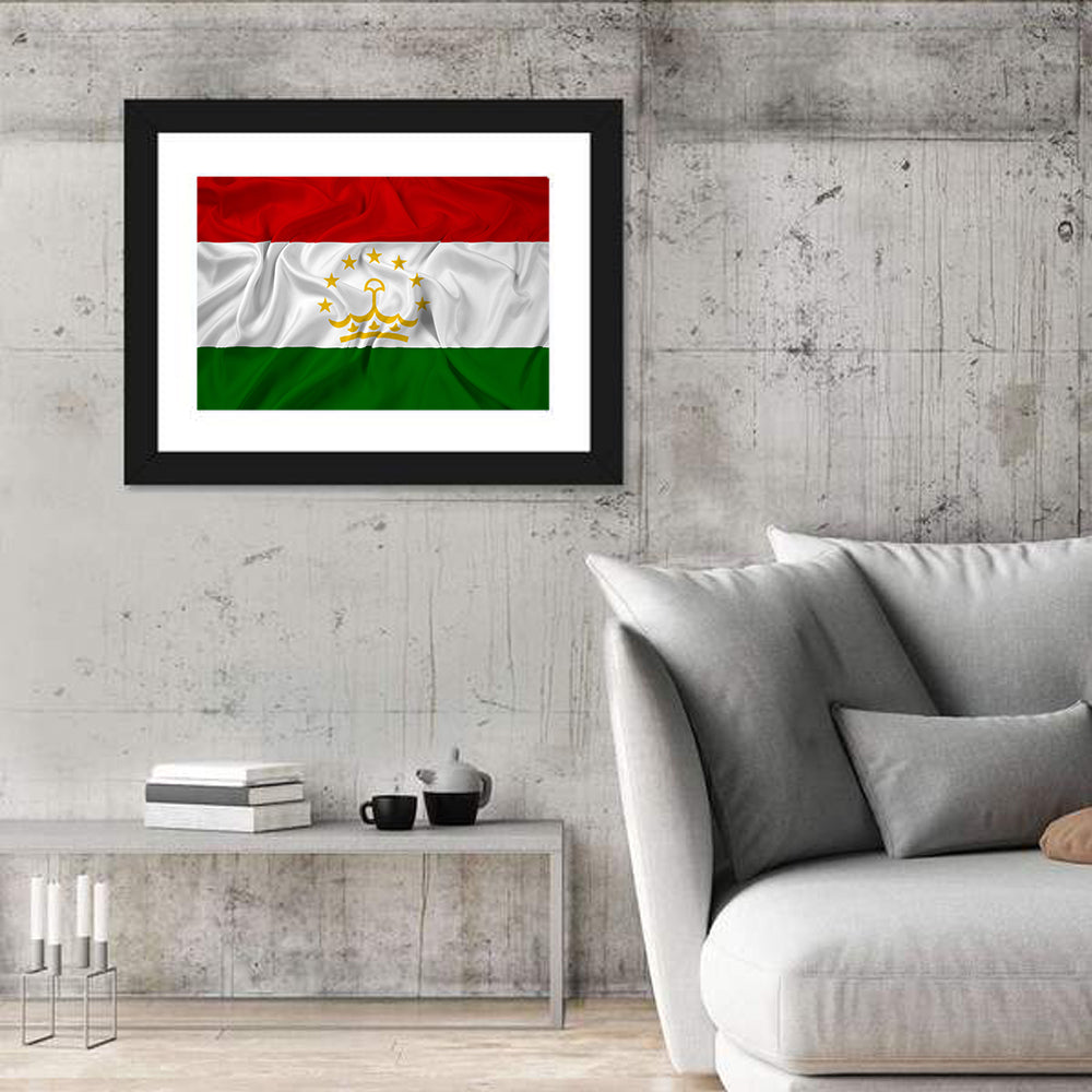 Tajikistan Flag with Crown Emblem Wall Art in a room, landscape