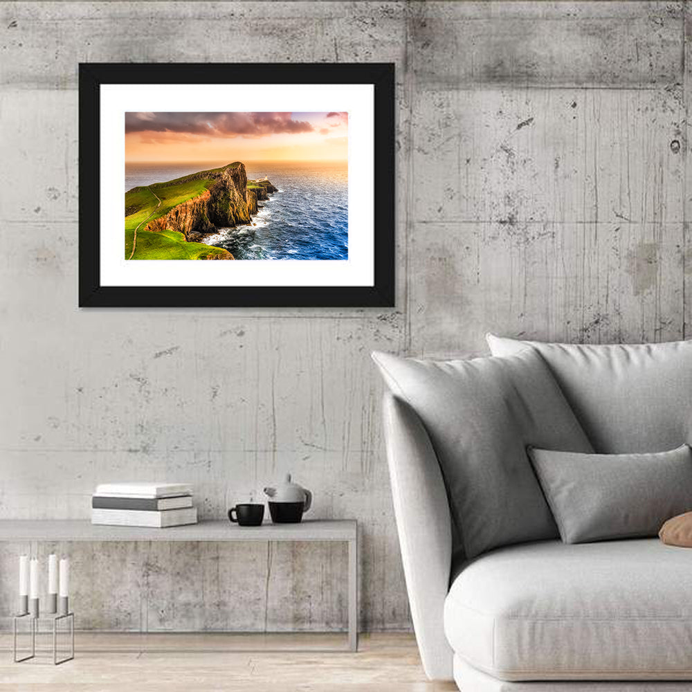 Sunset at Neist Point Lighthouse Wall Art in a room, landscape
