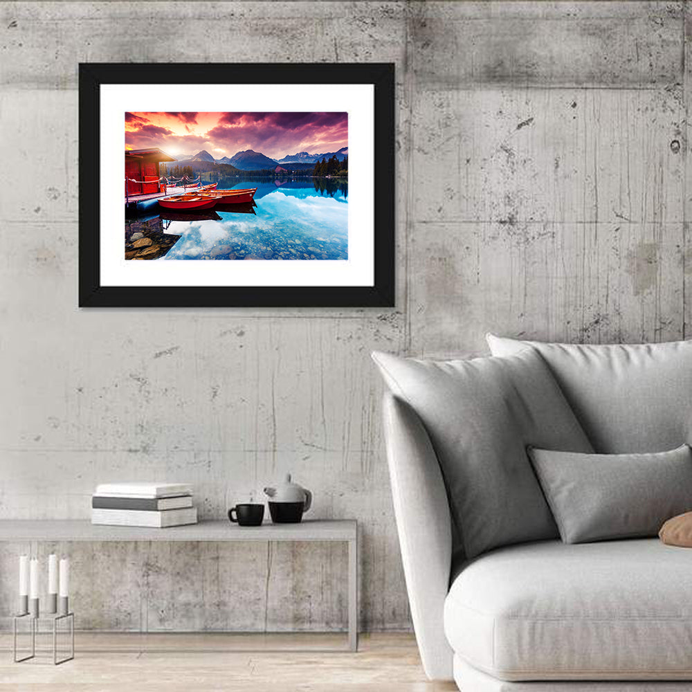 High Tatras Sunset Lake with Red Boats Wall Art