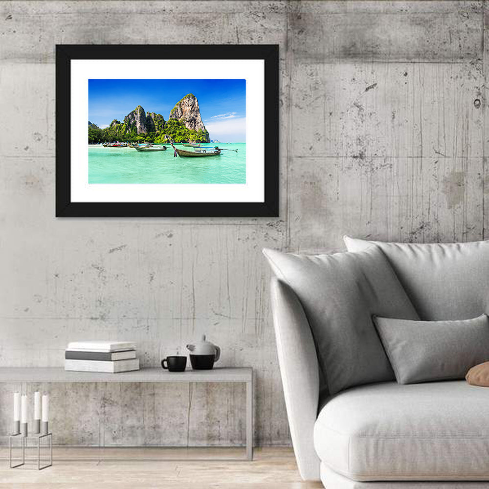 Railay Beach Long-tail Boats Wall Art in a room, landscape