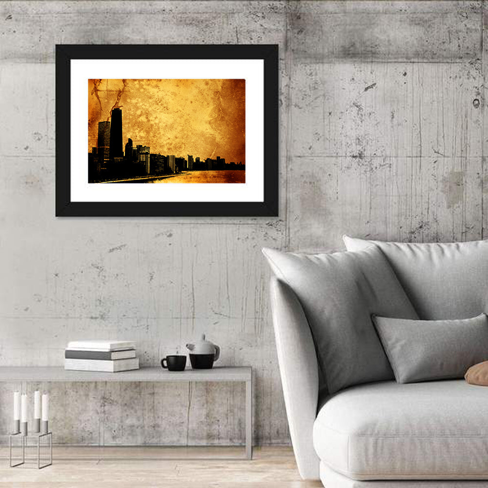 Grunge City Skyline at Dusk Wall Art in a room, landscape