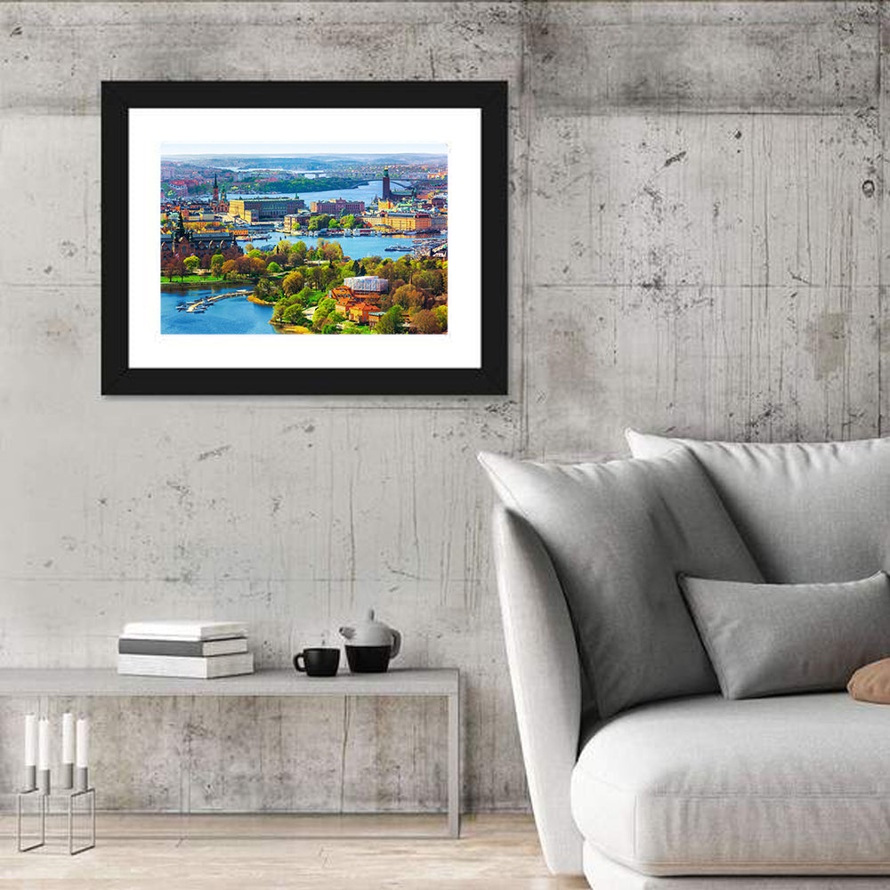 Gamla Stan Harbor Panorama Wall Art in a room, landscape