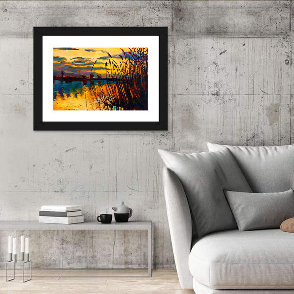 Sunset Lake with Reeds Wall Art in a room, landscape