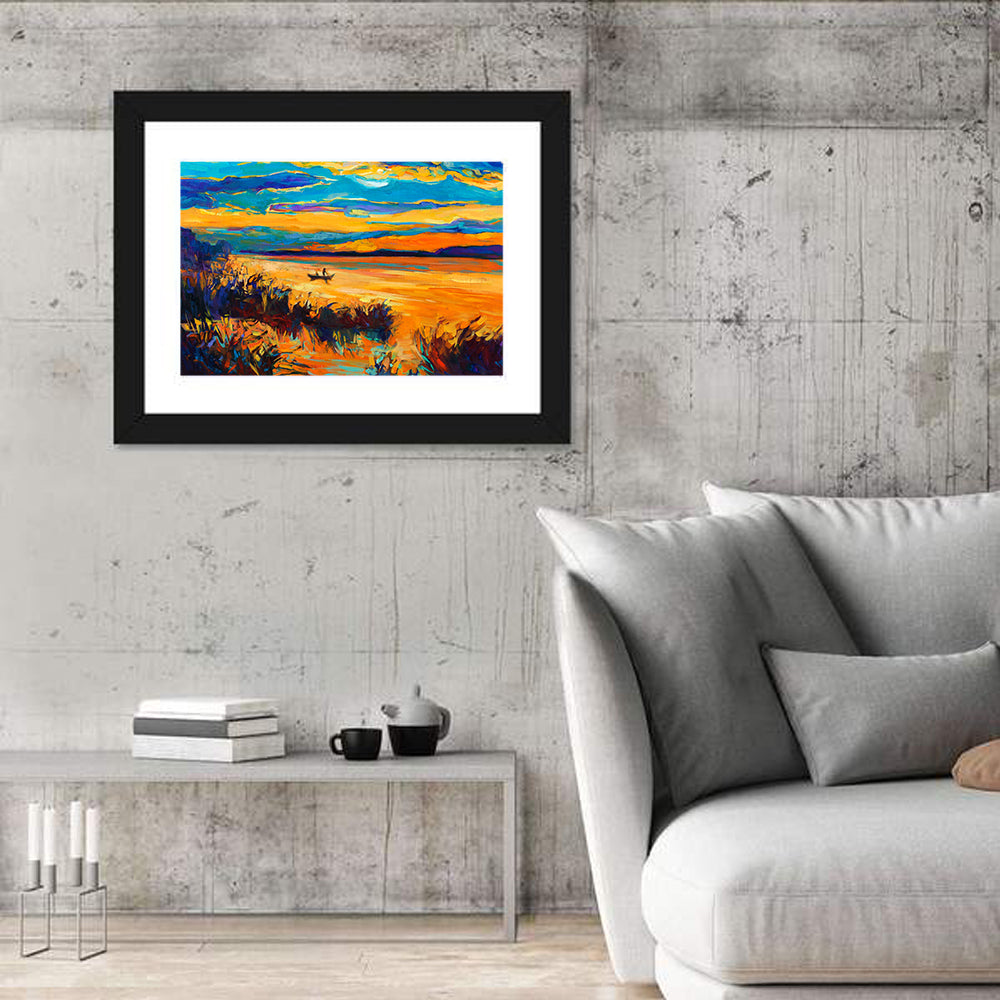 Sunset Boat on Lake Wall Art in a room, landscape