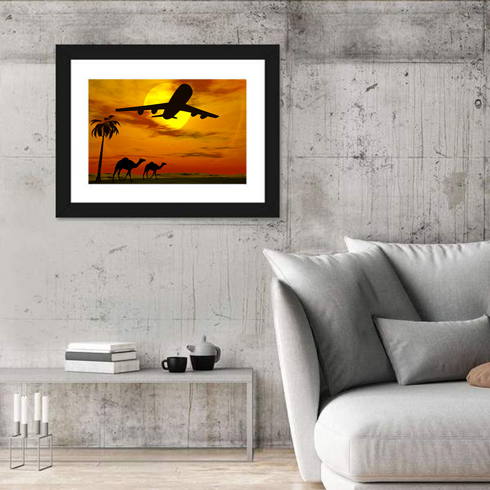 Tropical Sunset Plane Silhouette Wall Art in a room, landscape