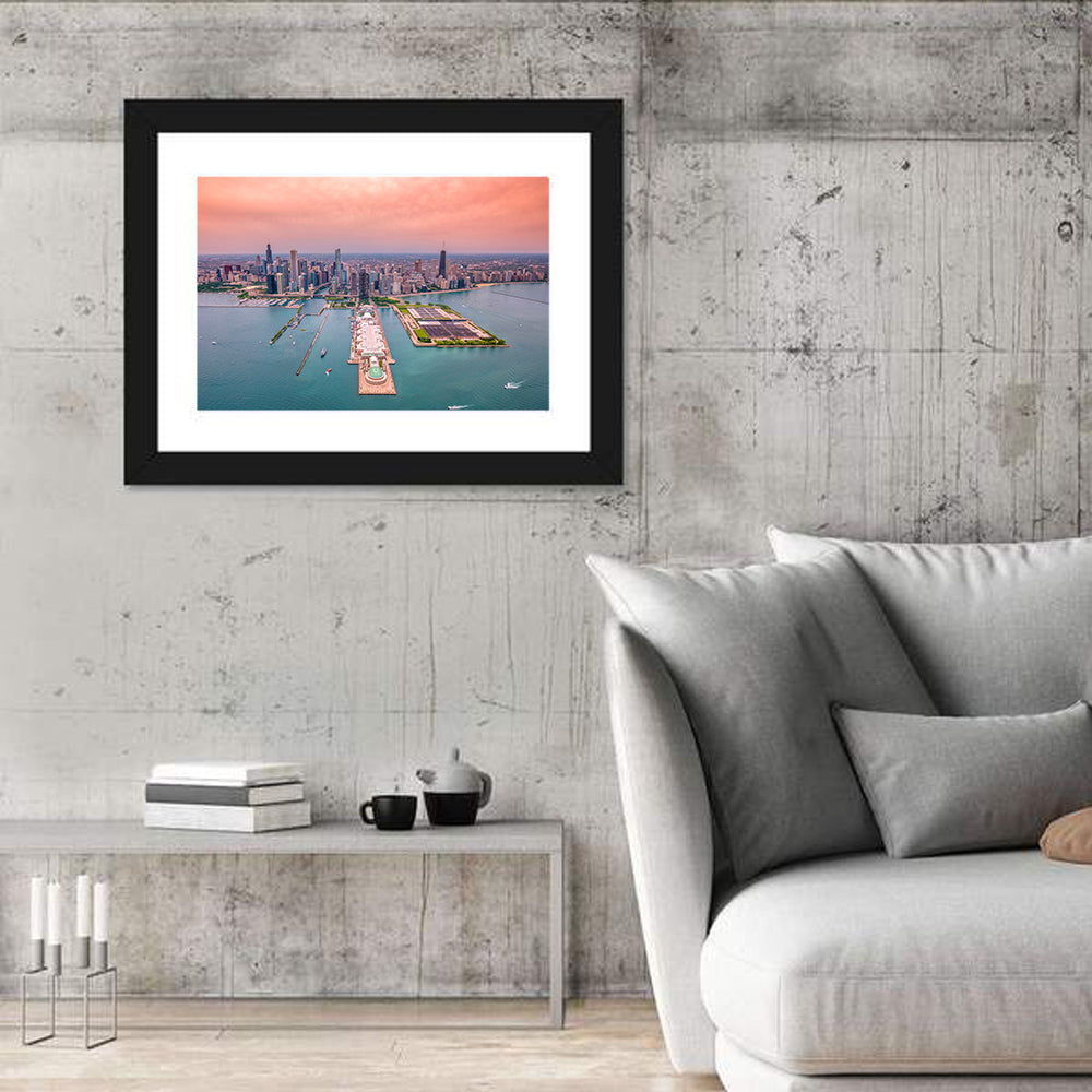 Chicago Navy Pier Skyline Wall Art in a room, landscape