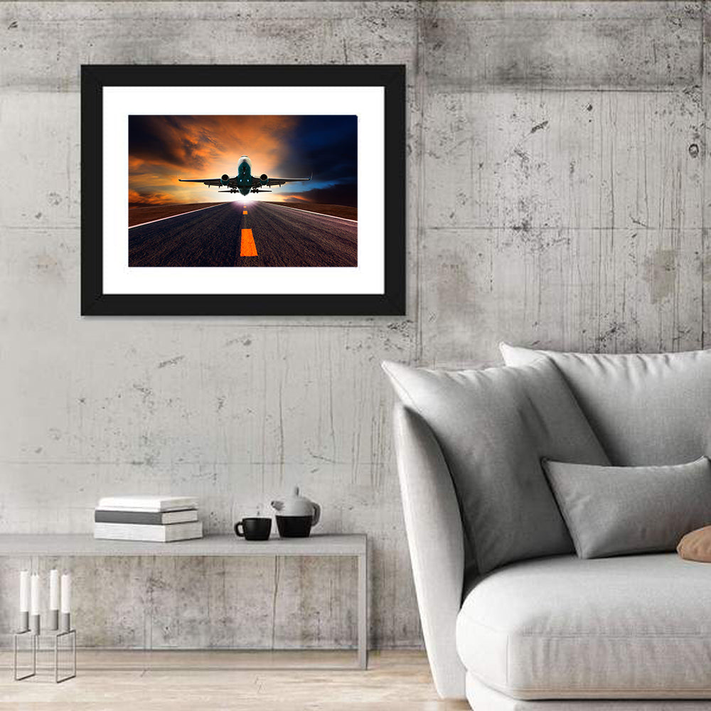 Passenger Jet Landing at Sunset Wall Art in a room, landscape