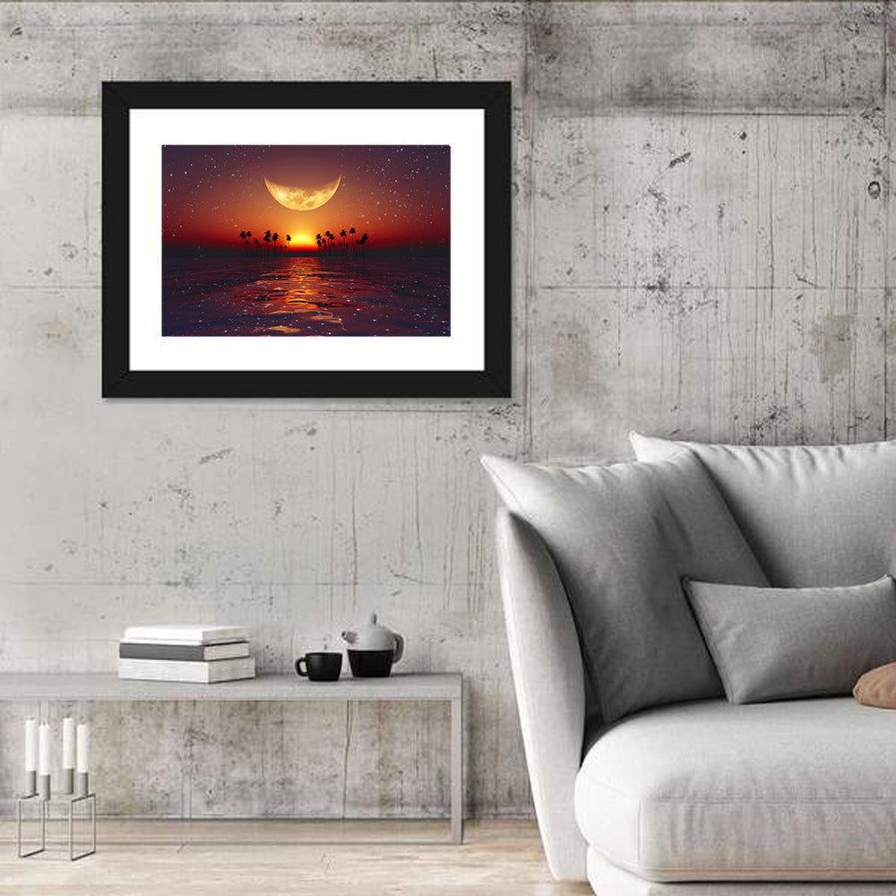Golden Crescent Over Tropical Sunset Wall Art