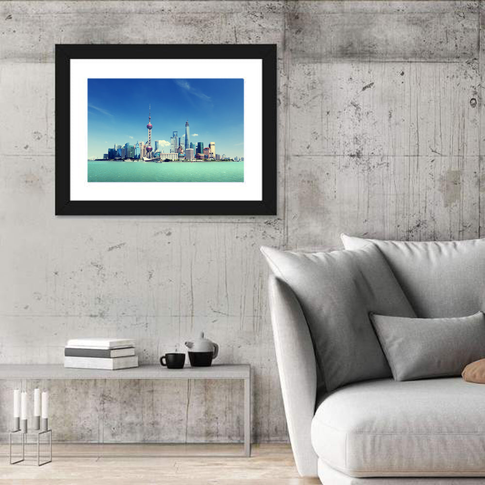 Shanghai Skyline Wall Art in a room, landscape
