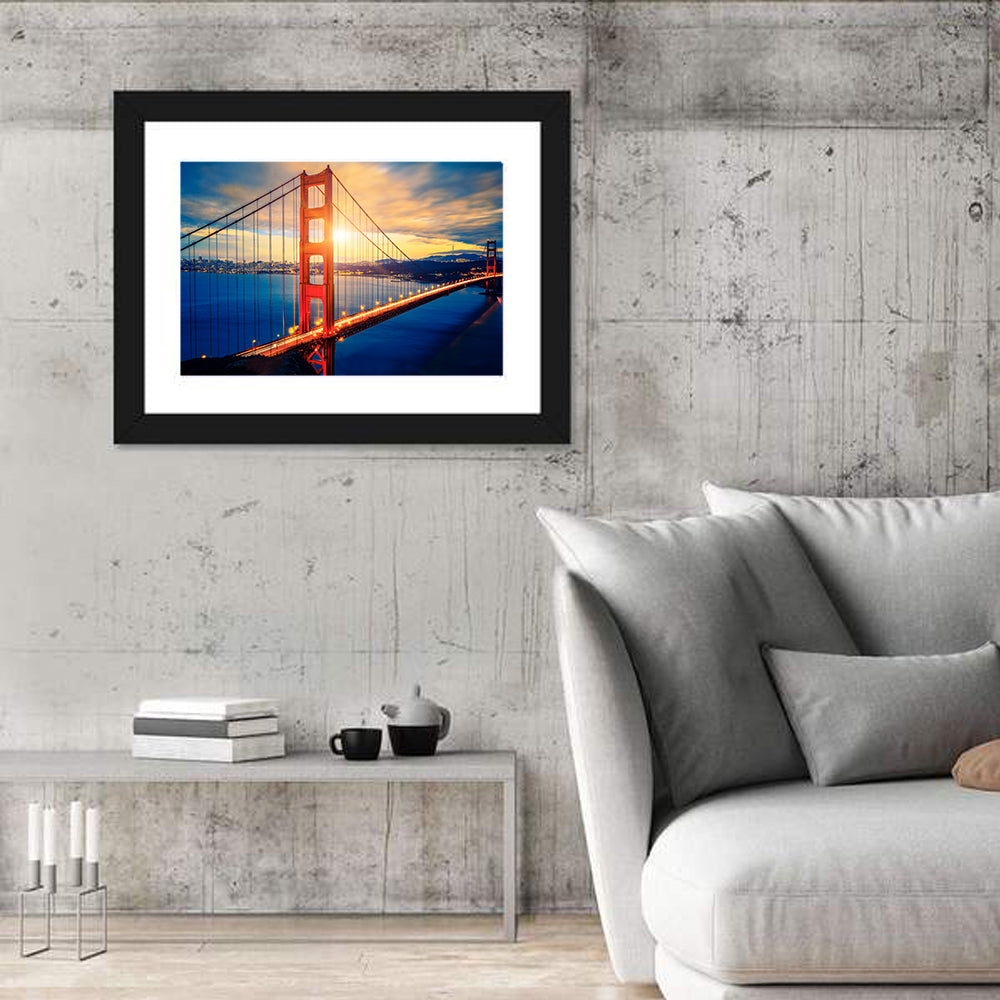 Sunrise Over Golden Gate Bridge Wall Art in a room, landscape