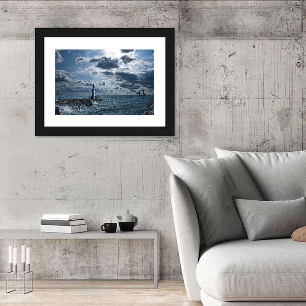 Lighthouse Under Storm Wall Art in a room, landscape
