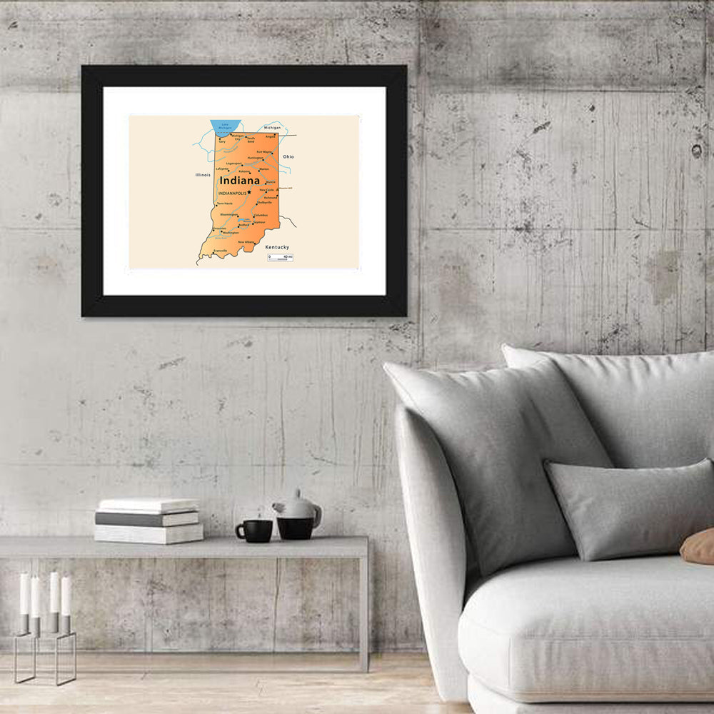 Indiana State Map Wall Art in a room, landscape