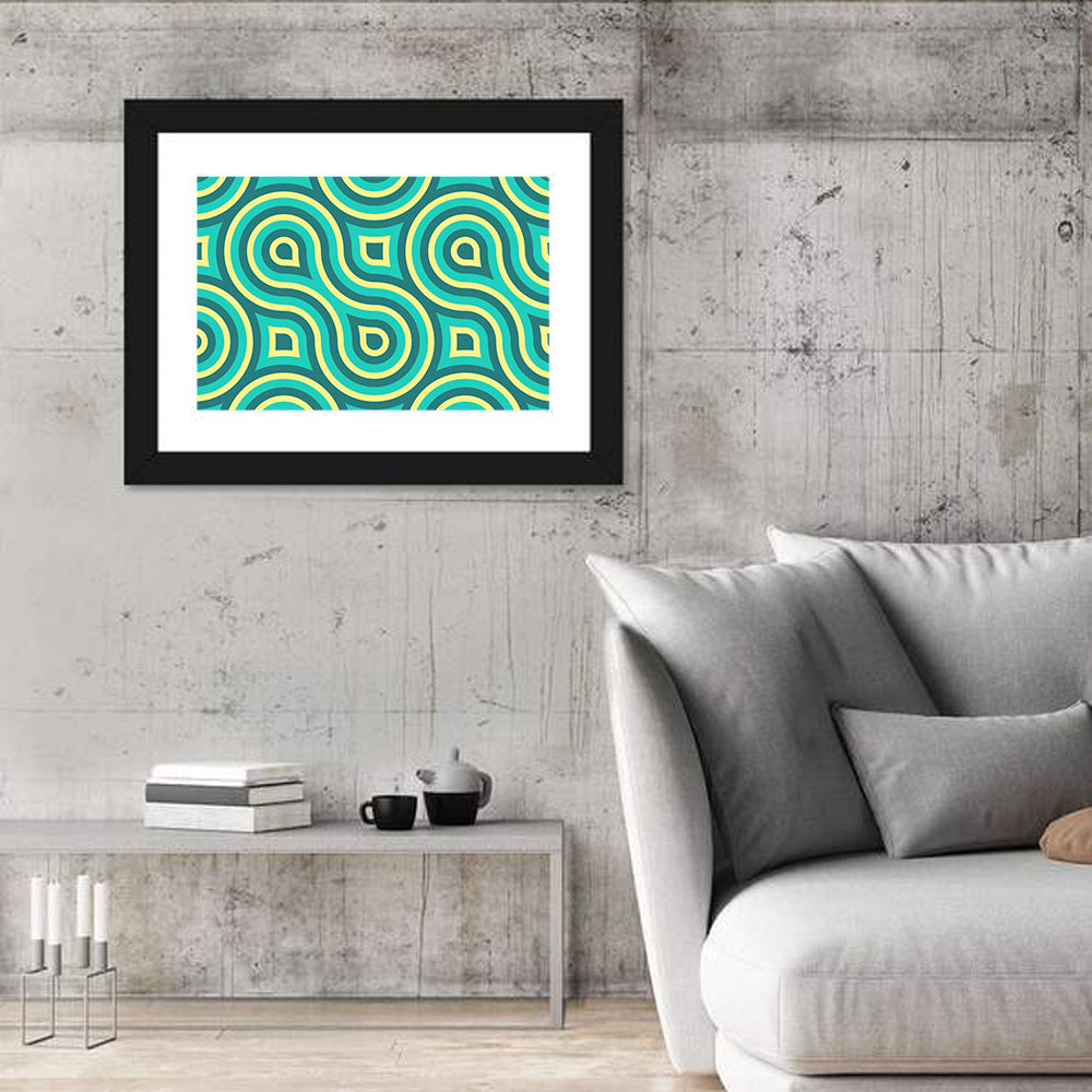 Retro Teal Geometric Pattern Wall Art in a room, landscape