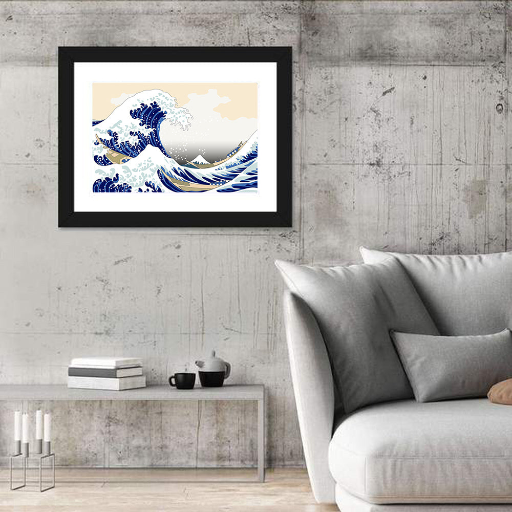 Hokusai Wave Illustration Wall Art in a room, landscape
