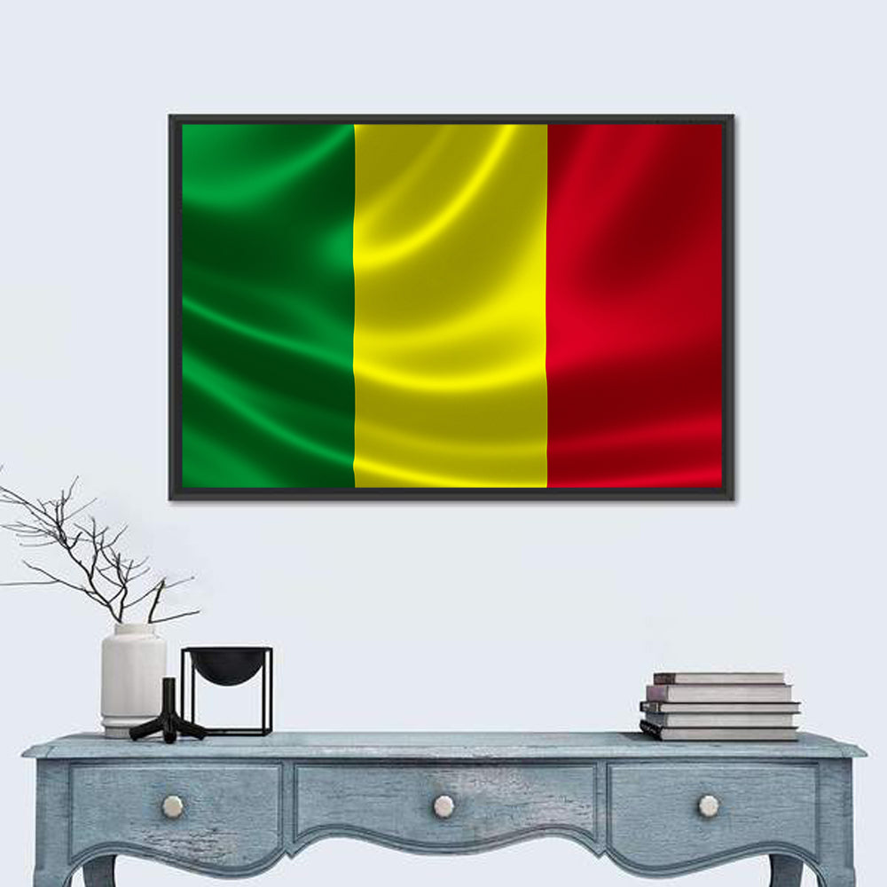 Mali Flag with Waving Fabric Texture Wall Art in a room, landscape