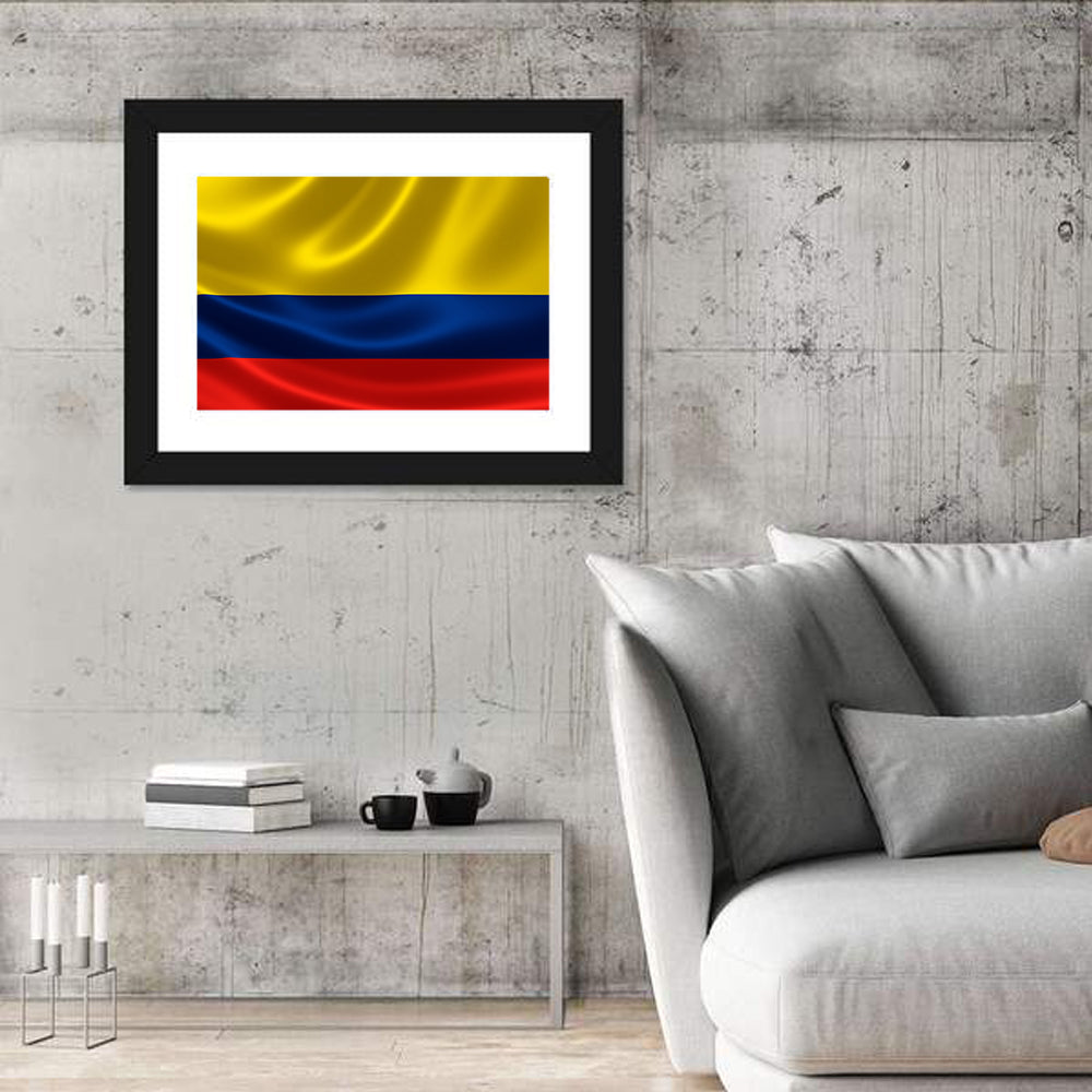 Colombian Flag with Rippling Texture Wall Art in a room, landscape