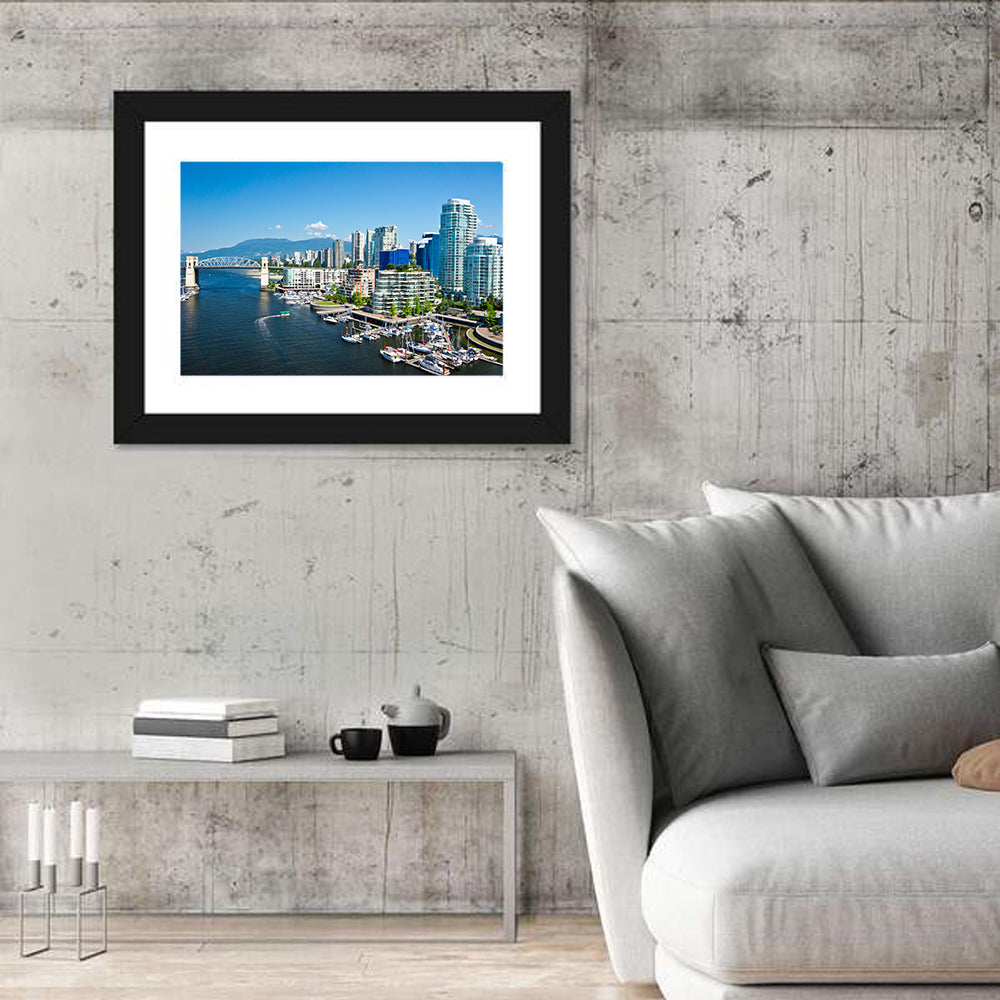 Vancouver Skyline with Burrard Bridge Wall Art in a room, landscape