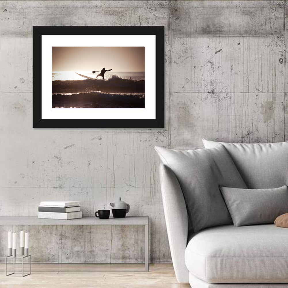 Backlit Paddleboard Silhouette at Sunrise Wall Art in a room, landscape
