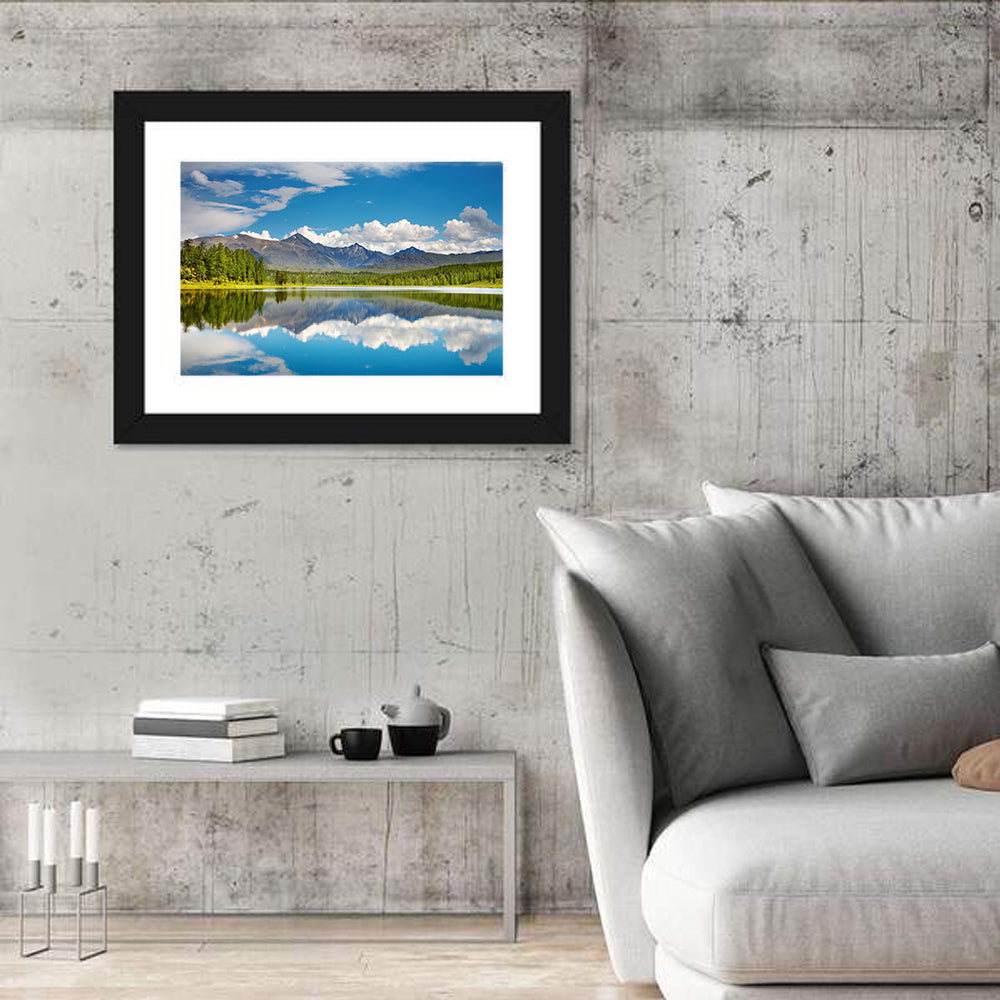 Altai Mountain Lake Reflection Wall Art in a room, landscape