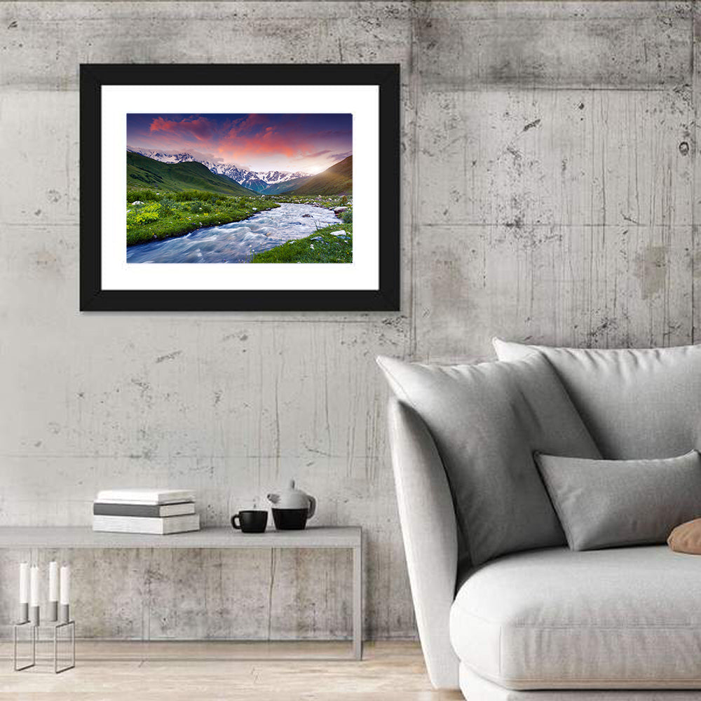 Stream at Foot of Mount Shkhara Wall Art in a room, landscape