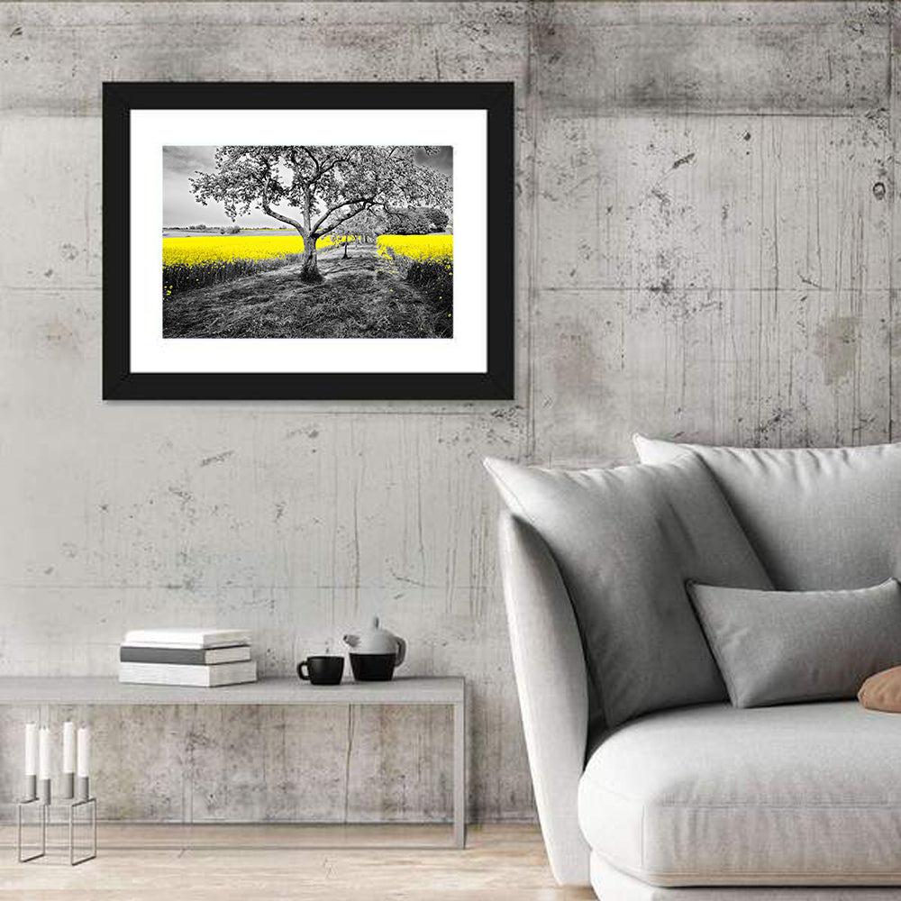 Yellow Oilseed Field with Lone Tree Wall Art in a room, landscape