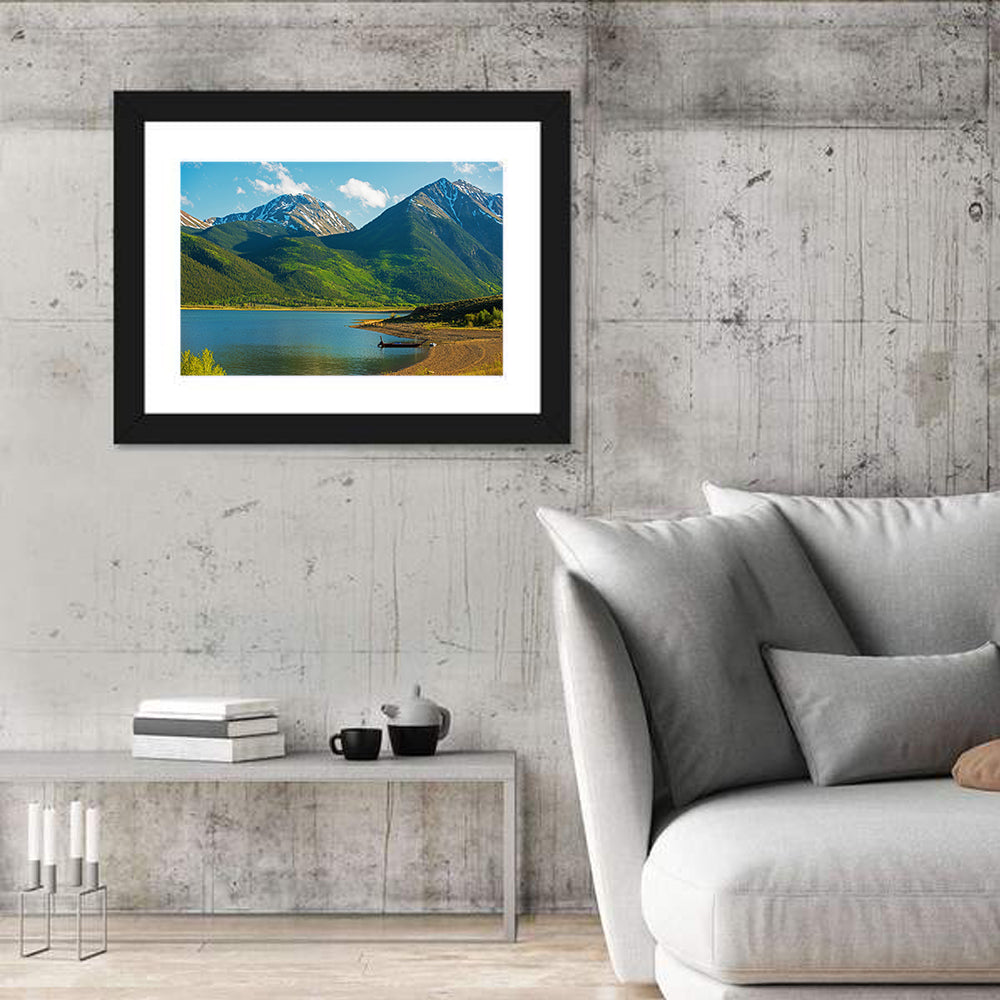 Snow-capped Peaks Over Twin Lakes Colorado Wall Art in a room, landscape