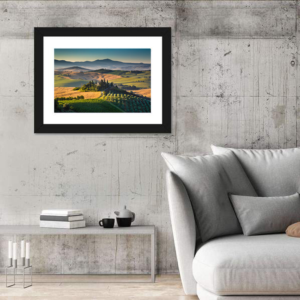 Tuscany Hilltop Villa Wall Art in a room, landscape