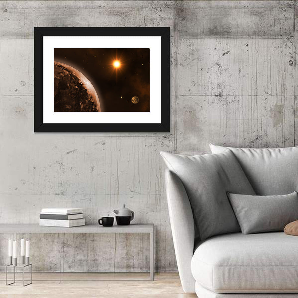 Crescent Planet with Golden Star and Moon Wall Art in a room, landscape