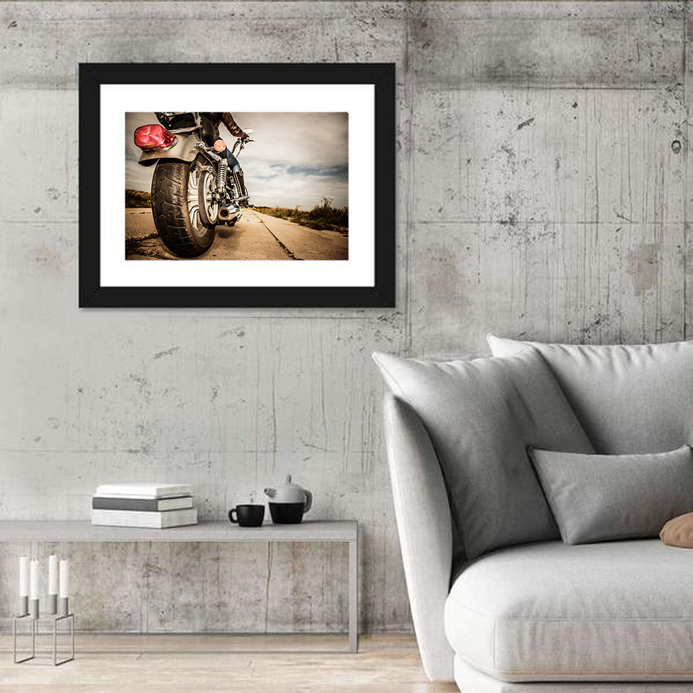 Low Angle Motorcycle Rear View Wall Art in a room, landscape