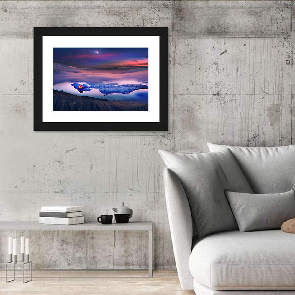 Glowing Tent on Frozen Mountain Lake Wall Art in a room, landscape