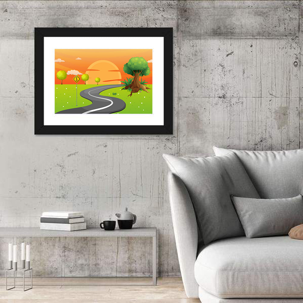 Winding Road Sunset Illustration Wall Art in a room, landscape