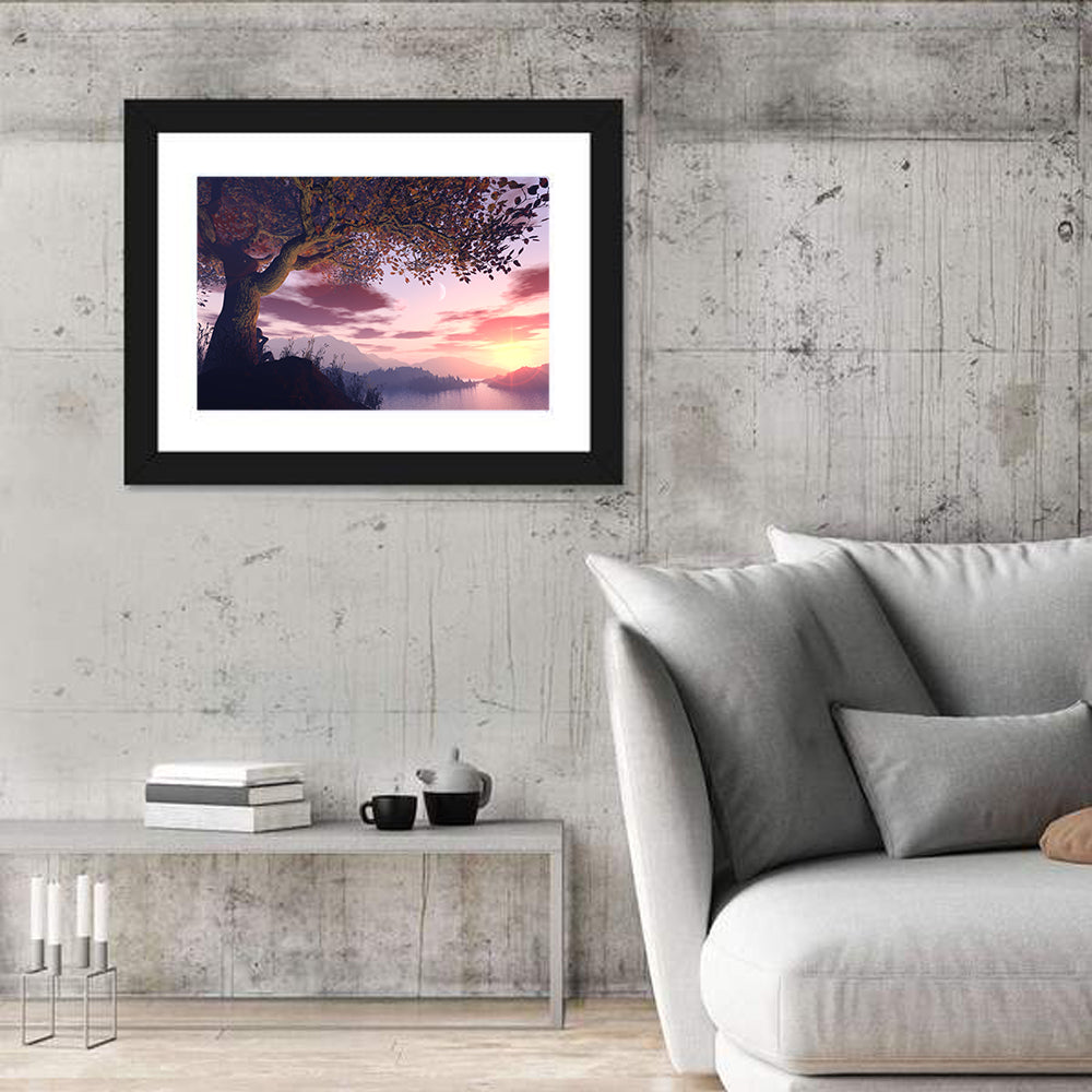 Dreamer Tree by Sunset Lake Wall Art in a room, landscape