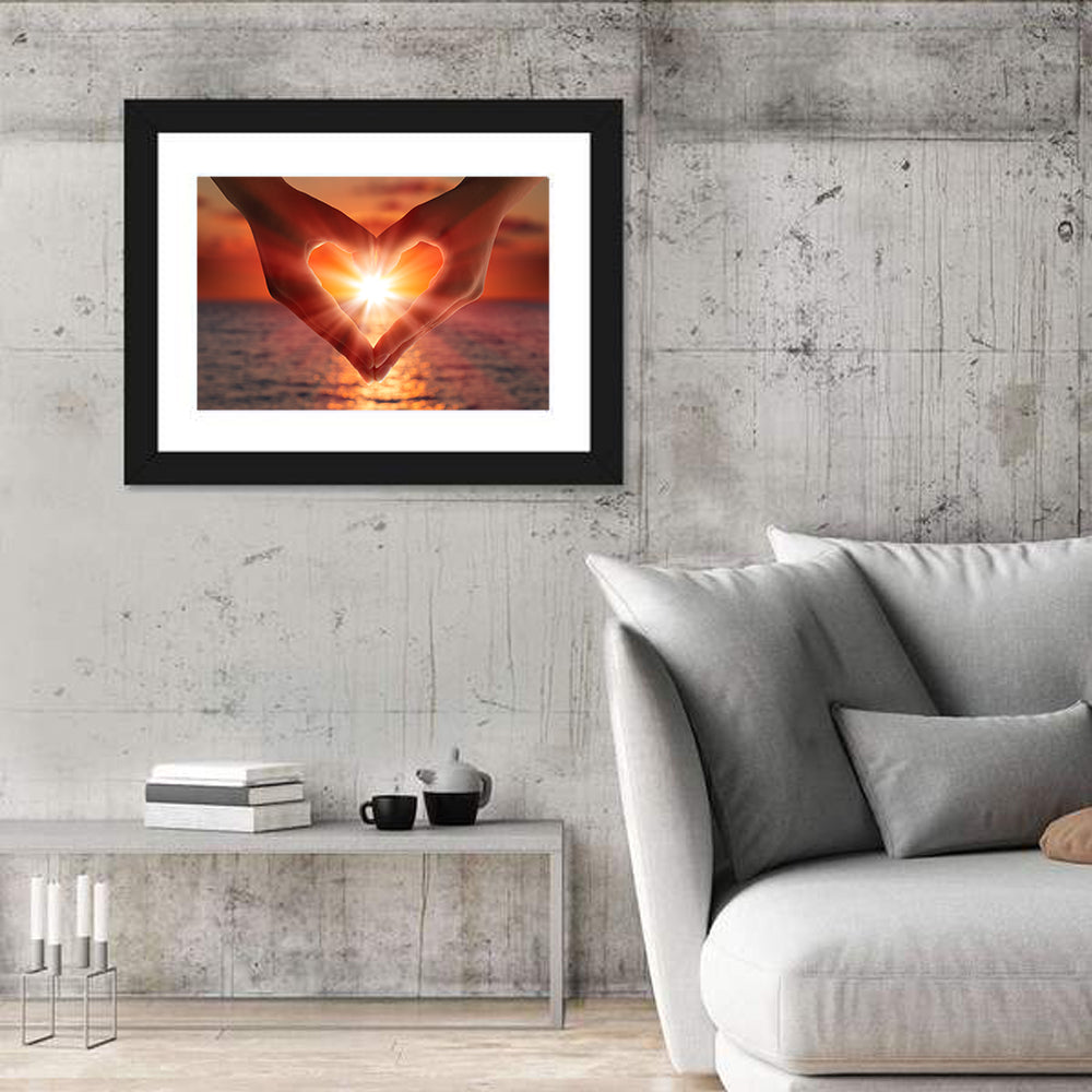 Hands Forming Heart at Sunset Wall Art in a room, landscape