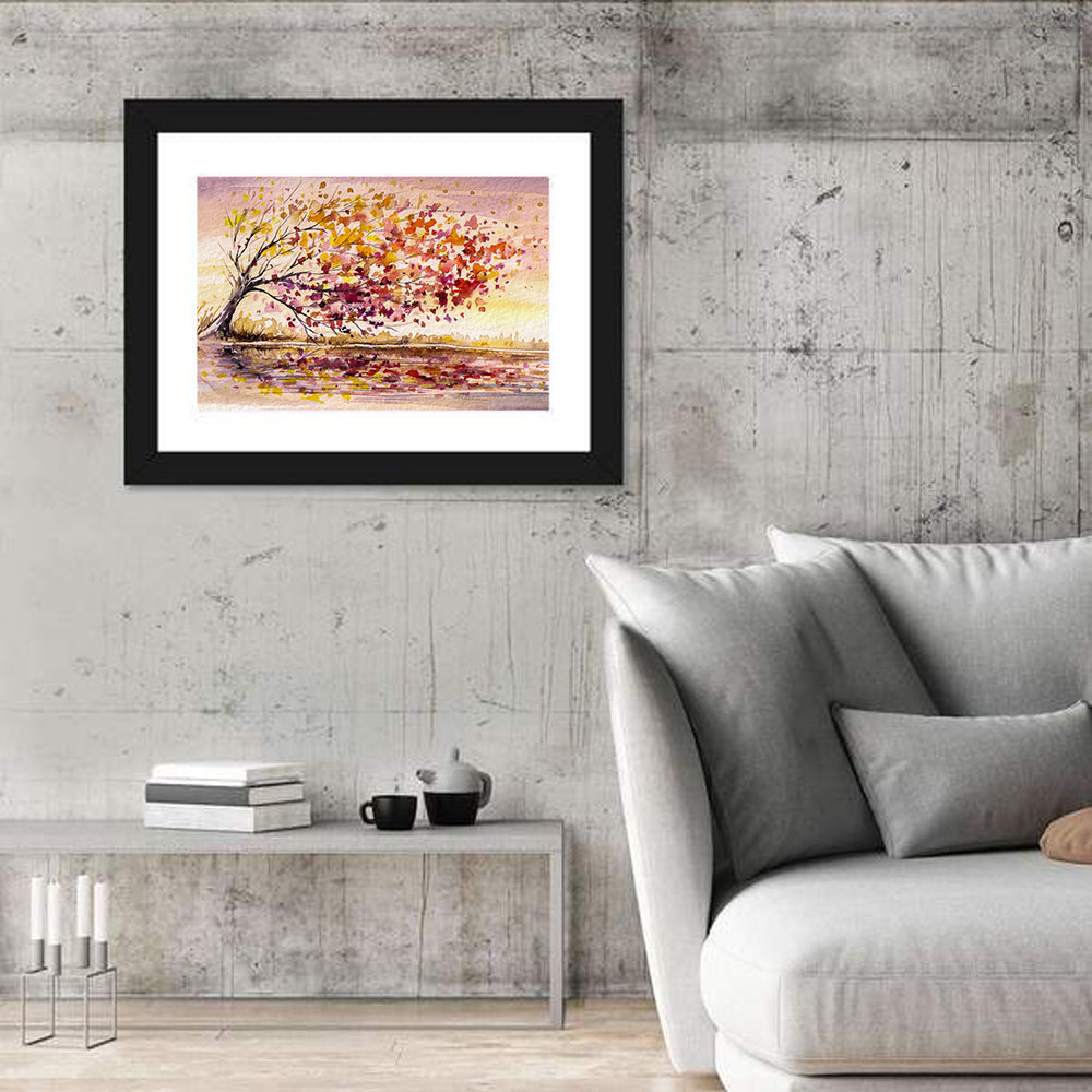 Windblown Autumn Tree Reflection Wall Art in a room, landscape