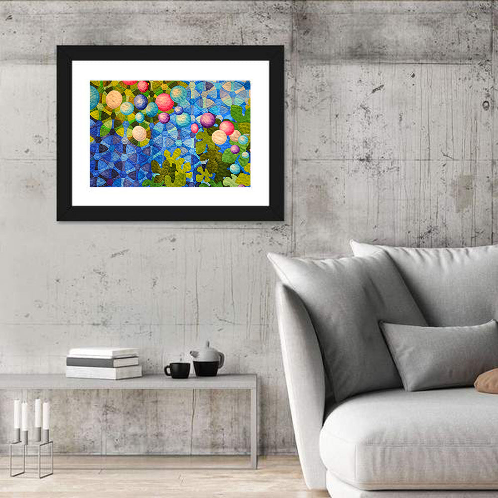 Colorful Quilted Circle Pattern Wall Art in a room, landscape
