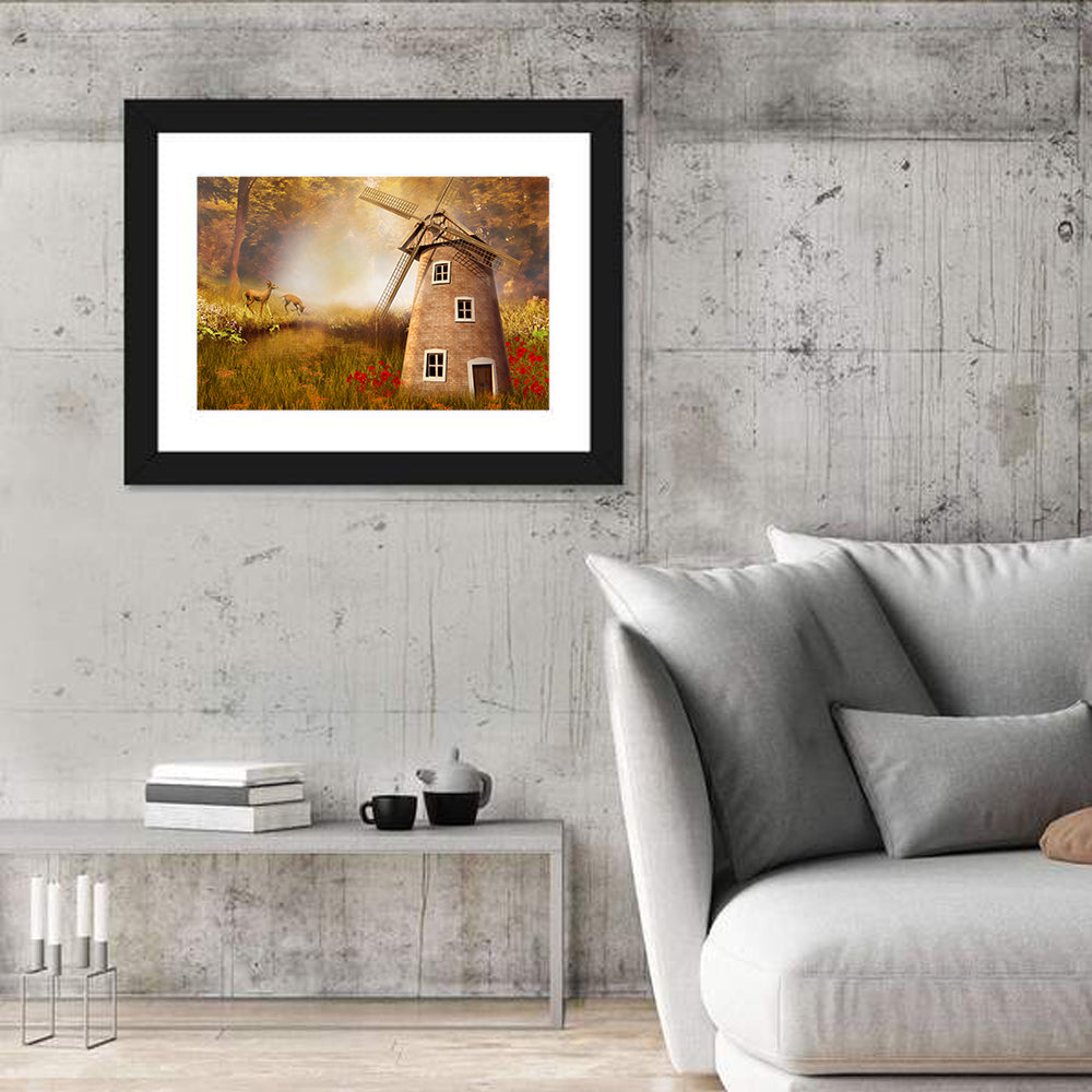 Autumn Windmill in Forest Clearing Wall Art in a room, landscape