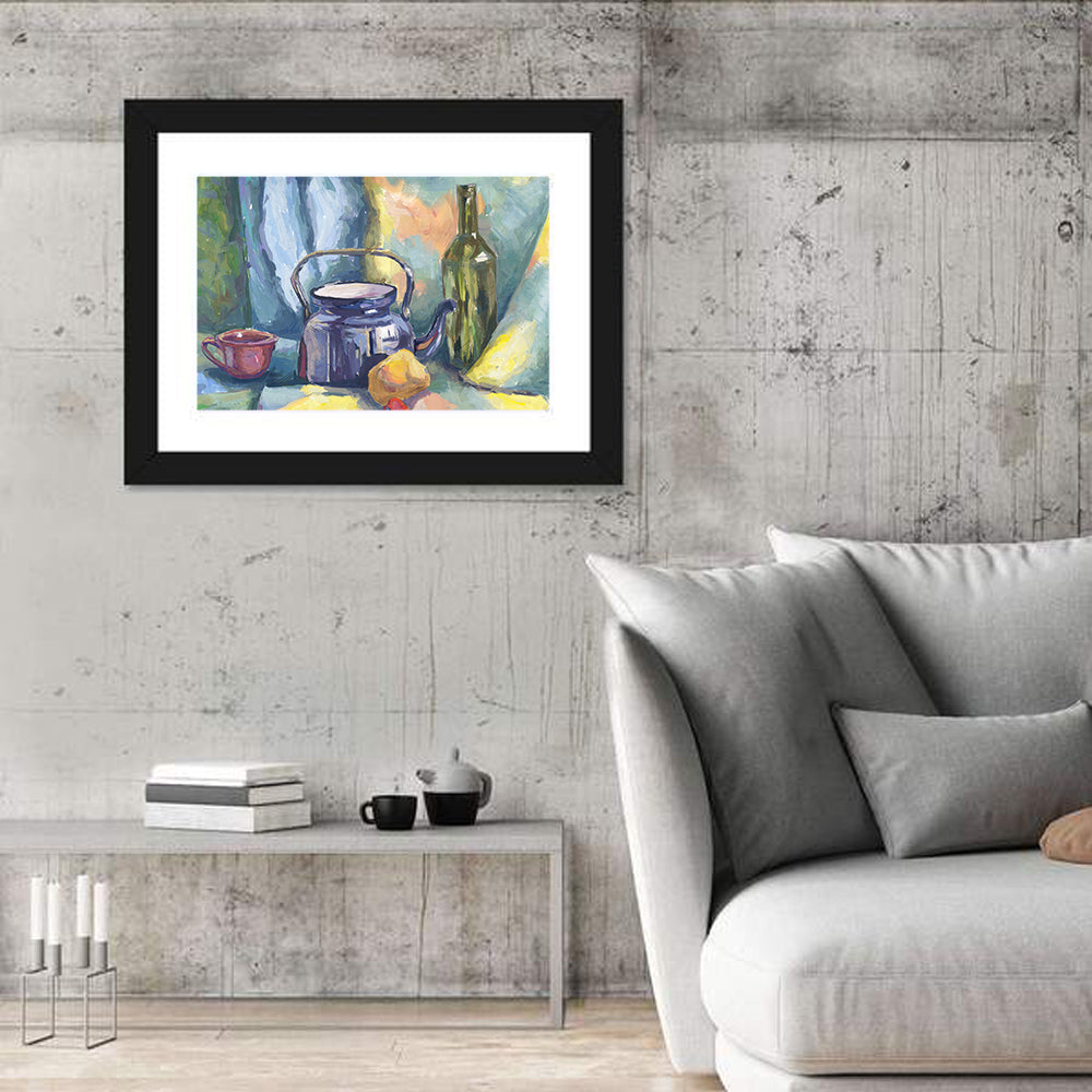 Metal Teapot and Bottle Still Life Wall Art in a room, landscape
