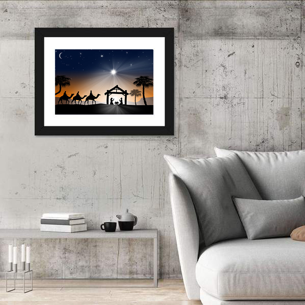 Desert Nativity Silhouette Wall Art in a room, landscape