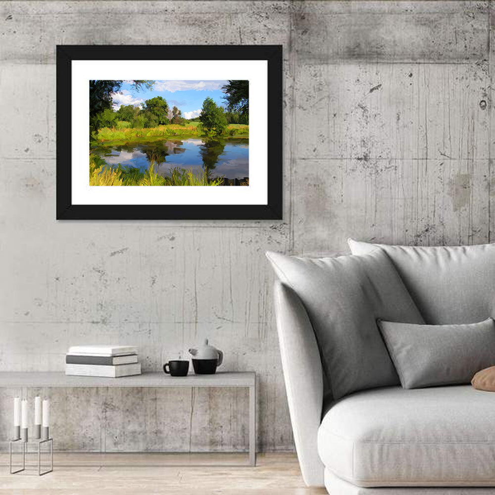 Blue Lake Reflection Illustration Wall Art in a room, landscape