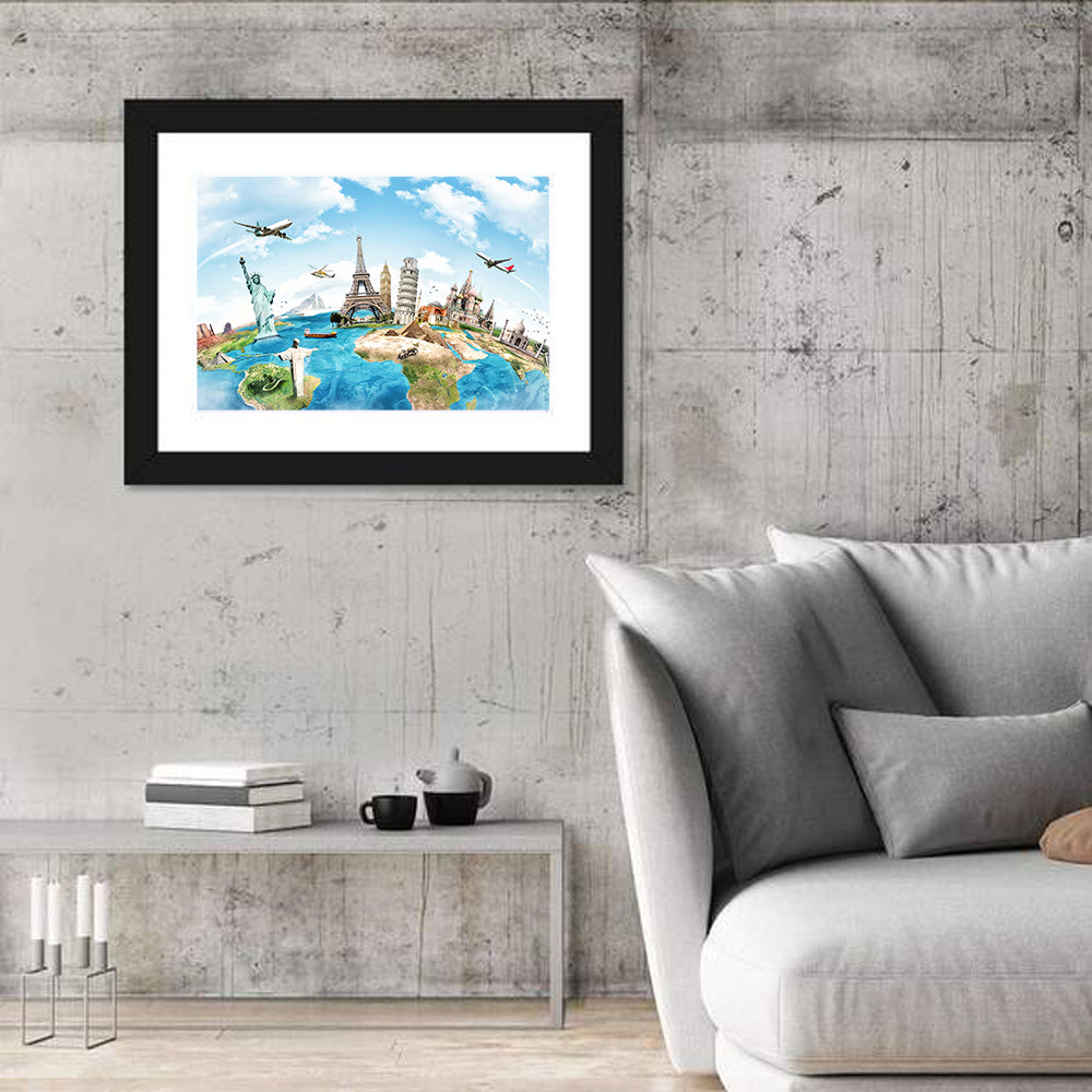 World Monuments Map Wall Art in a room, landscape