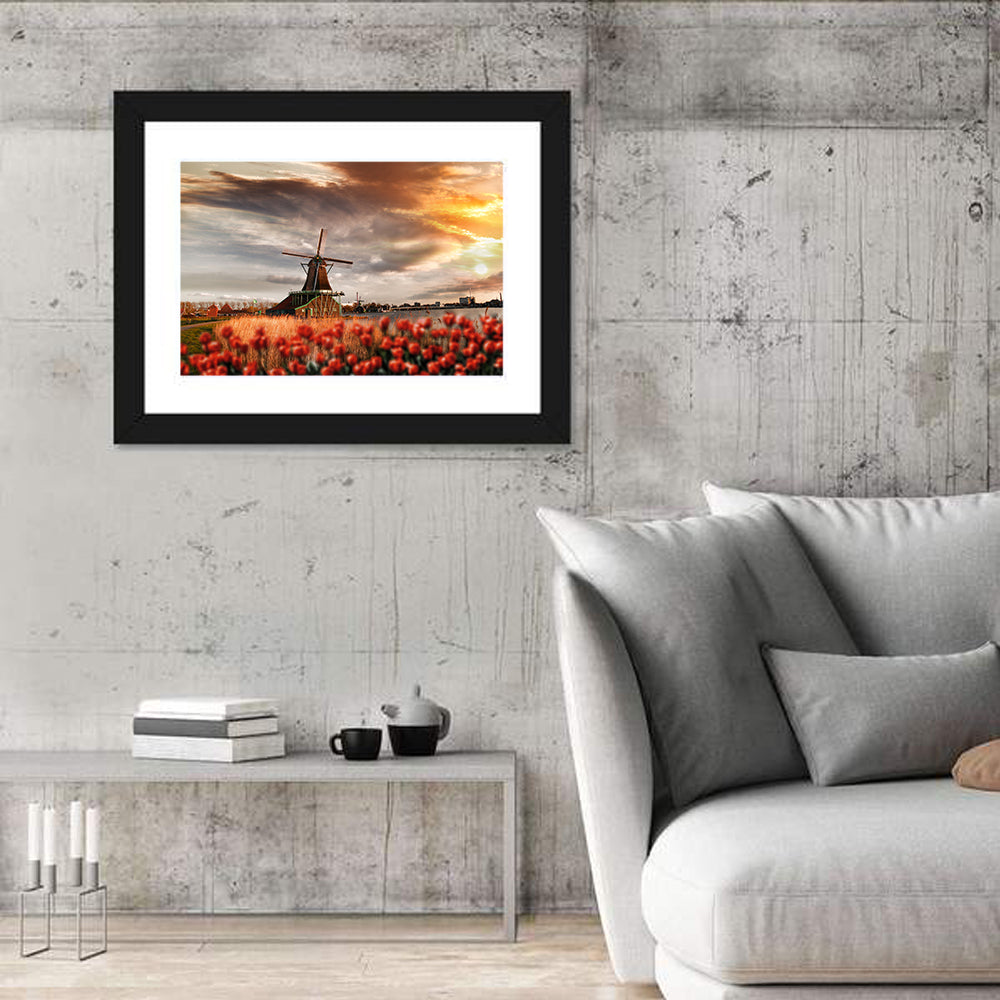 Dutch Windmill with Red Tulips Wall Art in a room, landscape